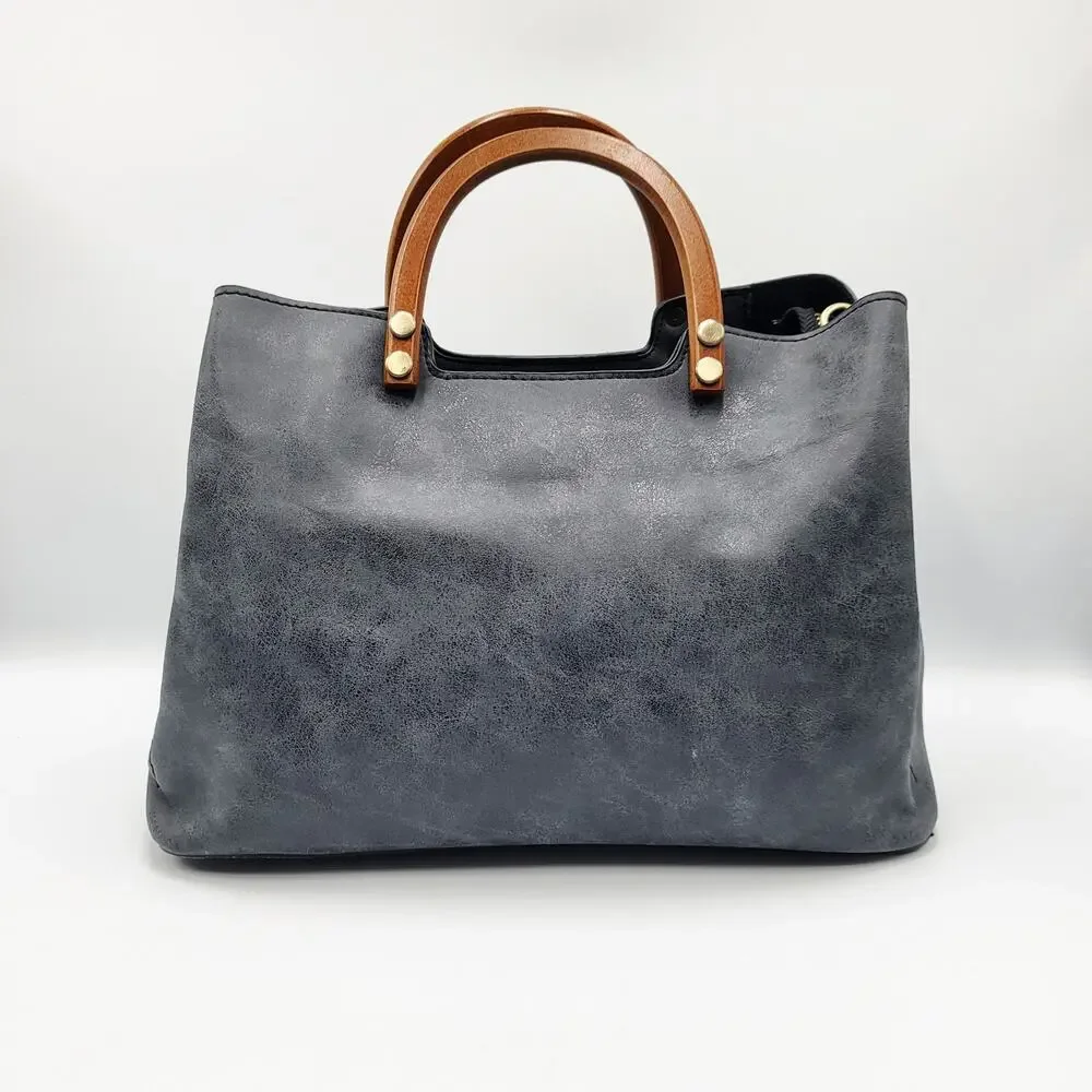 Joy Susan Angie Satchel Bag Carved Wooden Handles Black Vegan Leather Top Handle